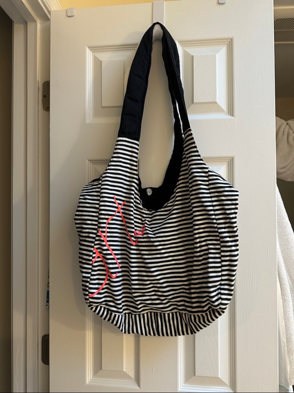 ROXY Striped Black & White Tote Bag with Pink Accent